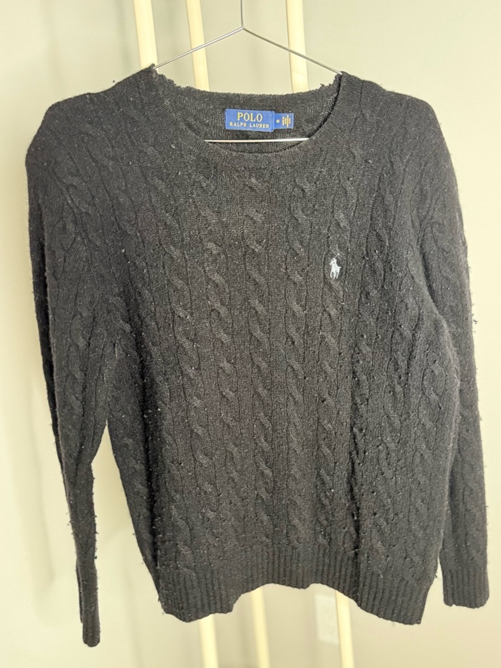 Ralph Lauren Black Merino Wool Cable-Knit Crewneck Sweater